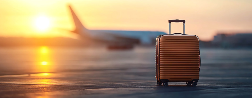 Koffer steht auf dem Rollfeld am Flughafen. Im Hintergrund ist ein Flugzeug.