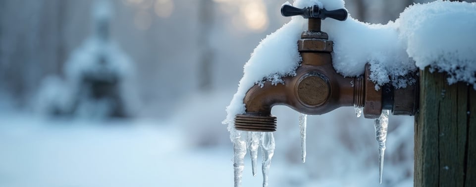 Wasserhahn mit Schnee und Eins bedeckt.