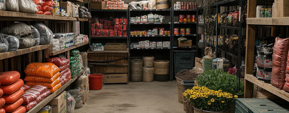 Keller mit gefüllten Vorratsregalen. 