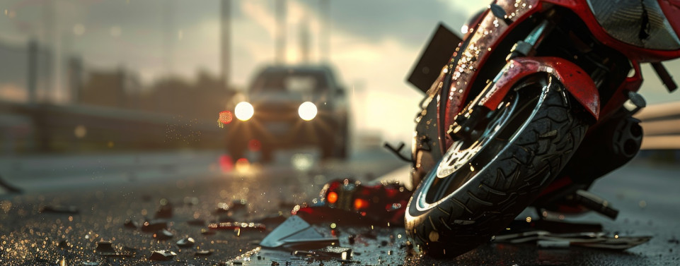 Motorrad nach einem Unfall und ein Auto im Hintergrund.