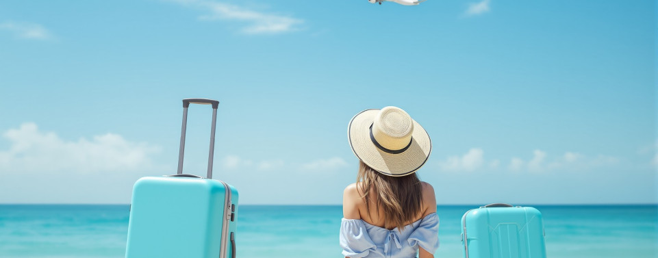 Frau mit Koffern am Strand. In der Luft ist ein Flugzeug. 