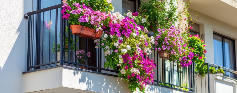 Blumenkästen am Balkon.