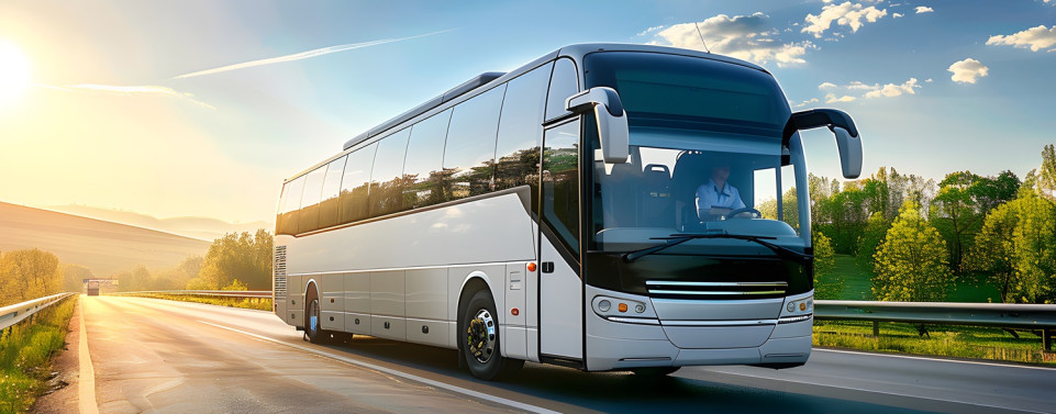 Ein weißer Reisebus auf der Straße 