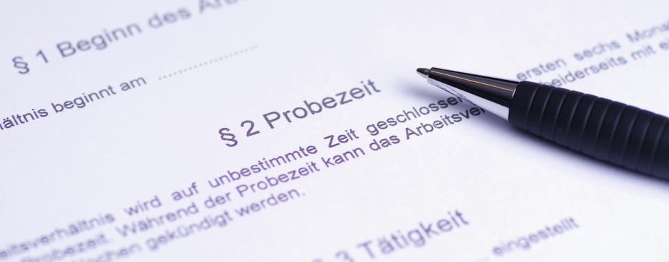 Ein Vertragsausschnitt mit der Überschrift "Probezeit". 