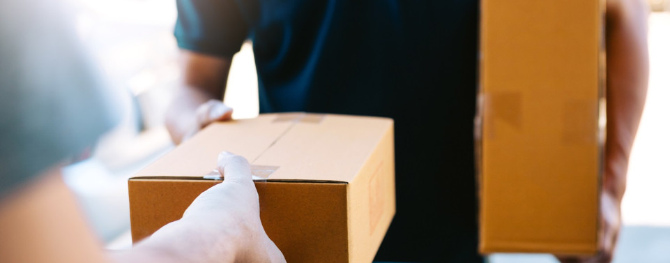 Paketdienst übergibt Paket an eine Person. 
