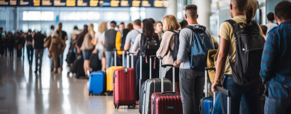 Menschen mit Gepäck stehen am Flughafen in einer Schlage.