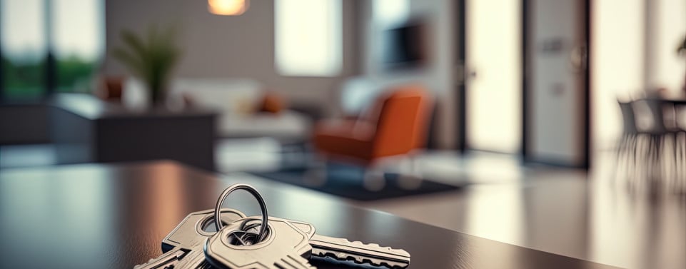 Schlüssel auf einem Tisch. Im Hintergrund eine eingerichtete Wohnung.