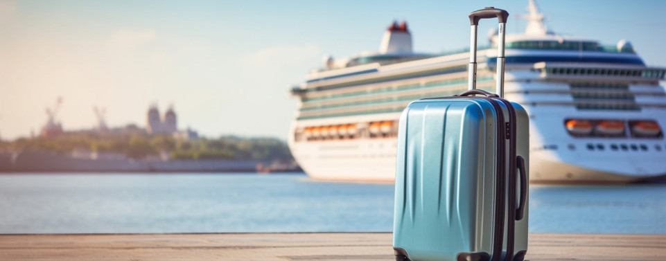 Blauer Koffer steht am Pier. Kreuzfahrtschiff im Hintergrund auf dem Wasser.