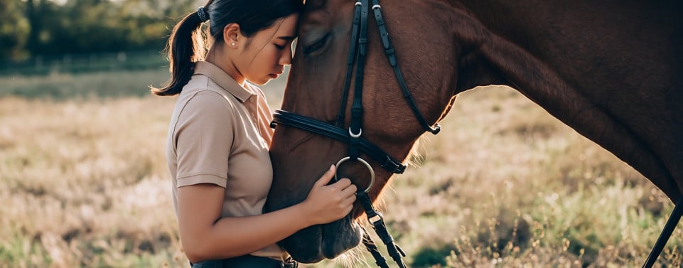 Reiterin hält ihren Kopf an den Kopf eines braunen Pferdes.