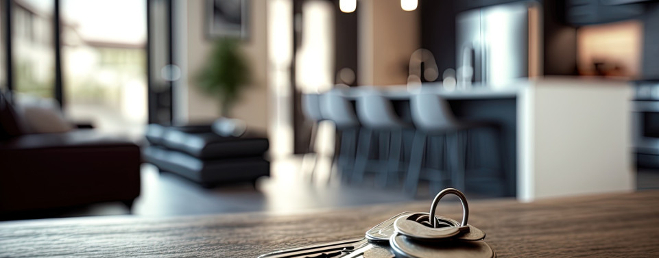Schlüssel liegen auf einem Tisch. Im Hintergrund eine Wohnung mit Sofa und Kücheninsel. 