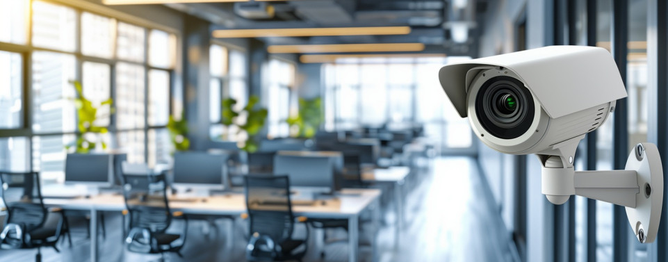 Videoüberwachung eines Büros. Eine Überwachungskamera an der Wand und im Hintergrund Bürotische und Stühle.