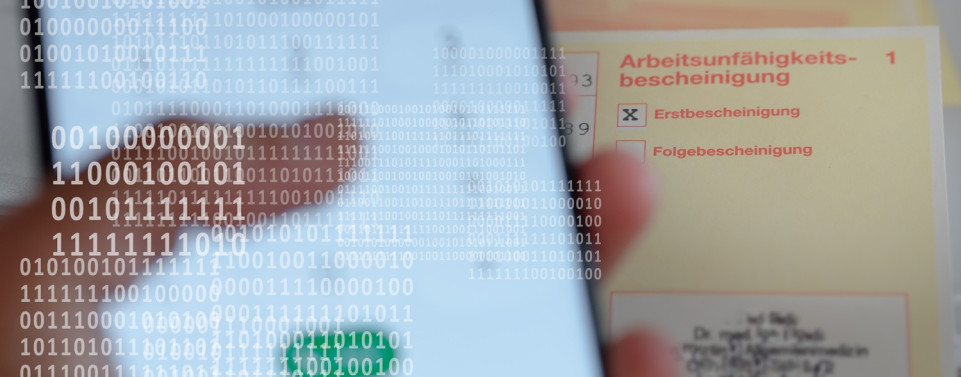 Krankschreibung im Hintergrund und ein Handy 