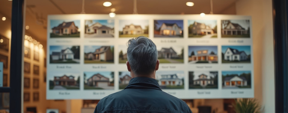 Mann steht vor einer Wand mit Bildern von Immobilien. 