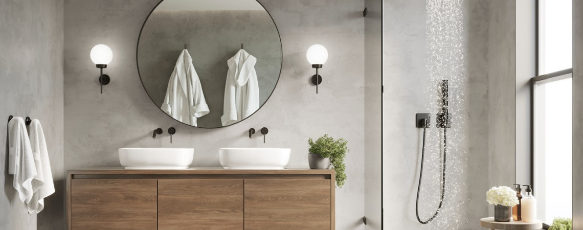 Badezimmer mit Dusche, Waschbecken und Spiegel