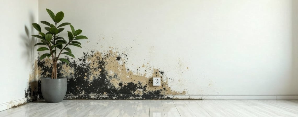 Schimmel an der Wand. Eine Pflanze steht in der Ecke des Raumes.