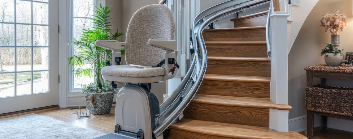 Ein Treppenlift am Treppenaufgang.