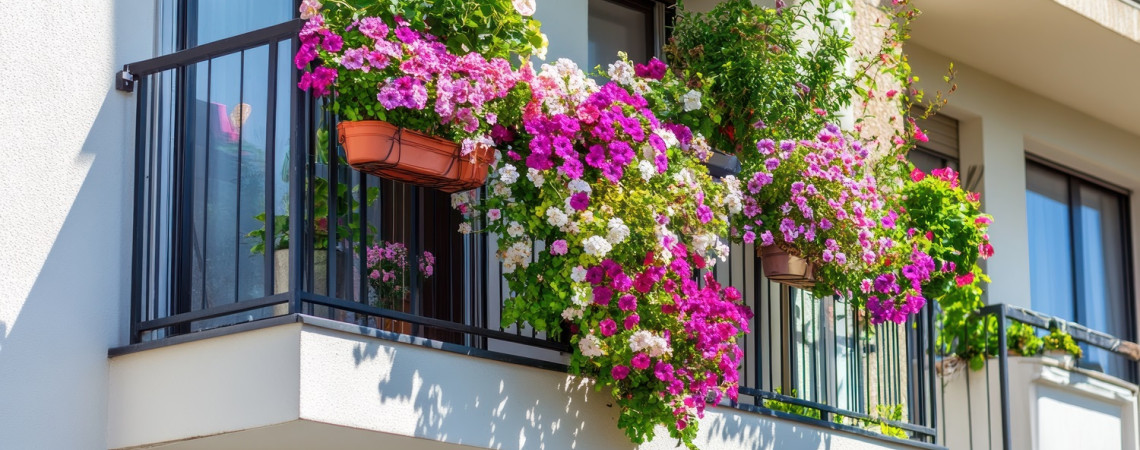 Blumenkästen am Balkon.