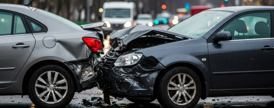 Auffahrunfall. Ein Auto ist einem anderen Auto aufgefahren. Die Motorhaube ist beschädigt und das Heck des anderen Fahrzeugs.