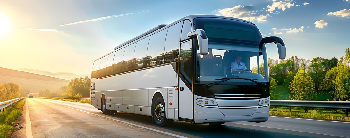 Ein weißer Reisebus auf der Straße 