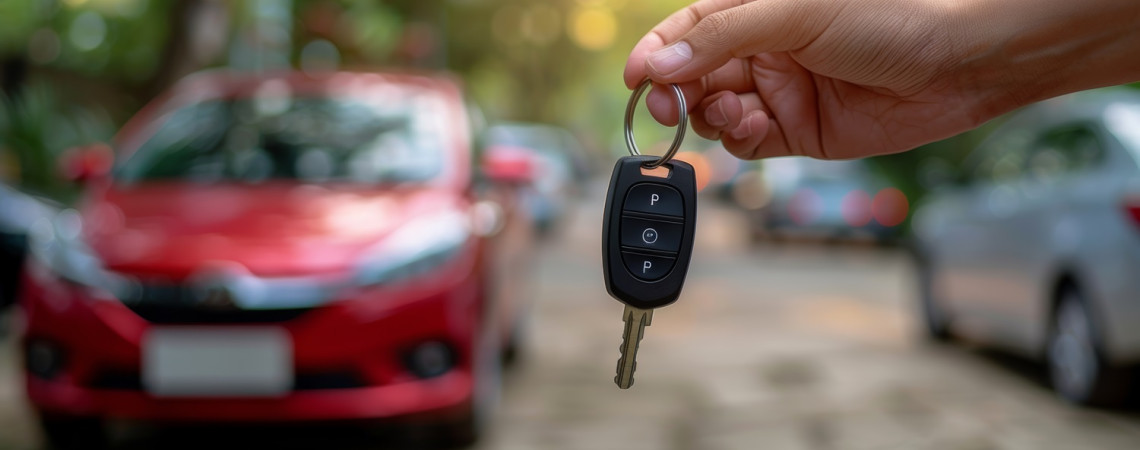 Hand hält Autoschlüssel. Im Hintergrund ist ein rotes Auto. Symbolisiert eine Gebrauchtwagenkauf. 