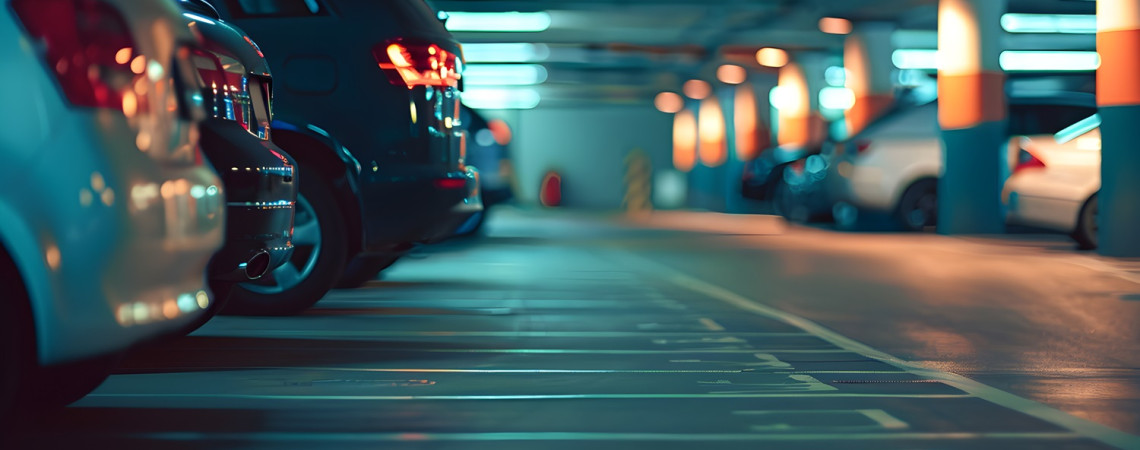 Tiefgarage mit Stellplätzen, auf denen Autos stehen. Tiefgaragenstellplatz. 