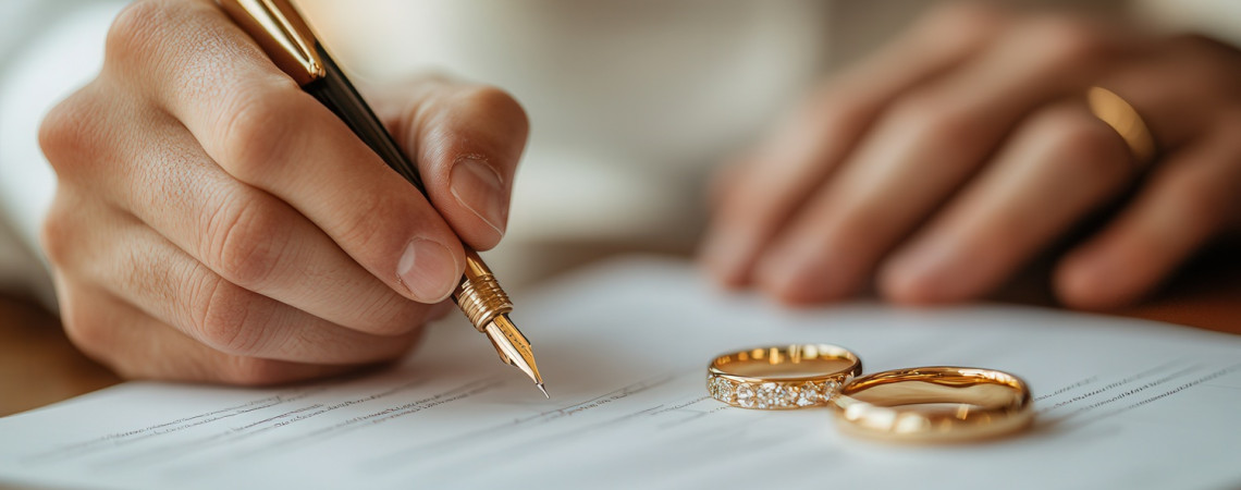 Männerhand unterschreibt Ehevertrag mit goldenen Füller. Auf dem Blatt liegen zwei goldene Ringe.