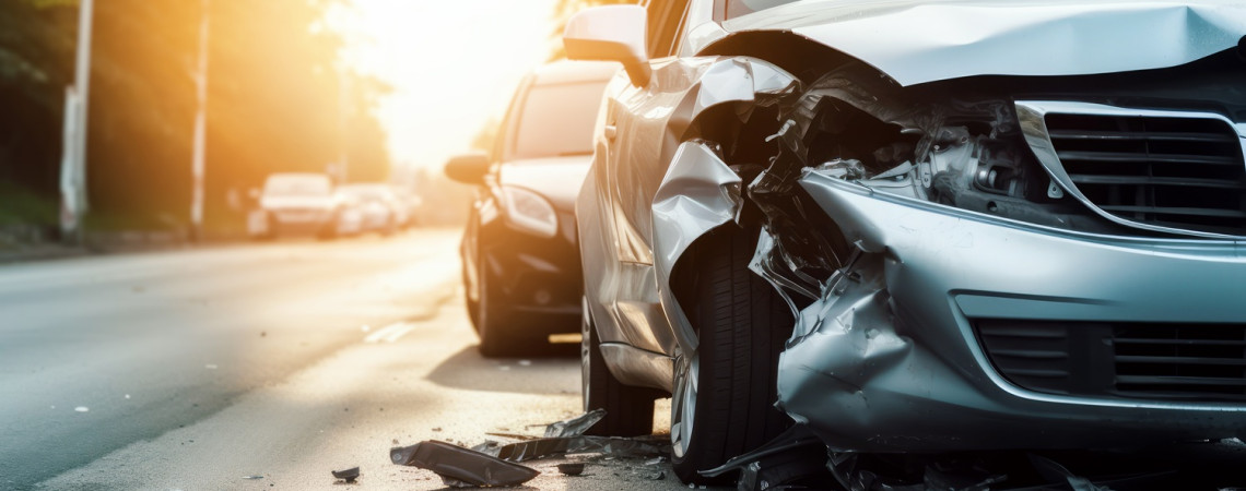 Silbernes Auto mit Unfallschaden auf der Straße