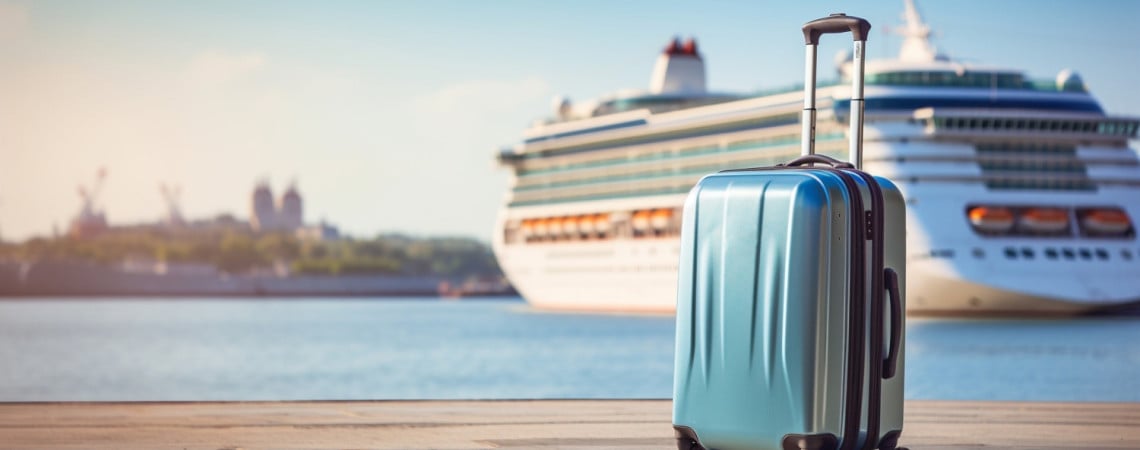 Blauer Koffer steht am Pier. Kreuzfahrtschiff im Hintergrund auf dem Wasser.