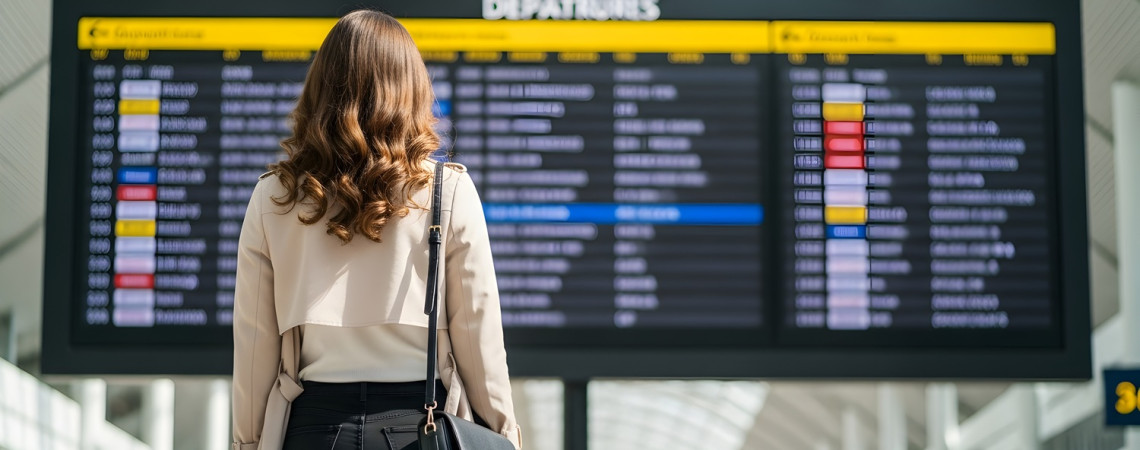 Frau im Flughafen steht vor Bildschirm, der die Abflugzeiten anzeigt. 