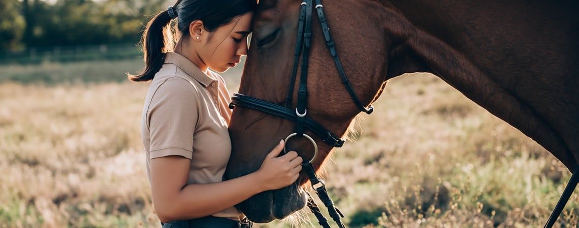 Reiterin hält ihren Kopf an den Kopf eines braunen Pferdes.