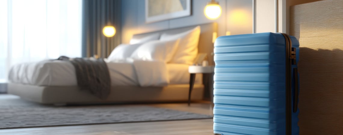 Hotelzimmer mit blauem Koffer
