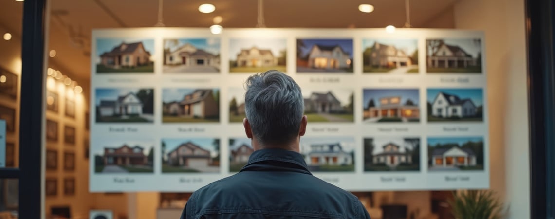 Mann steht vor einer Wand mit Bildern von Immobilien. 