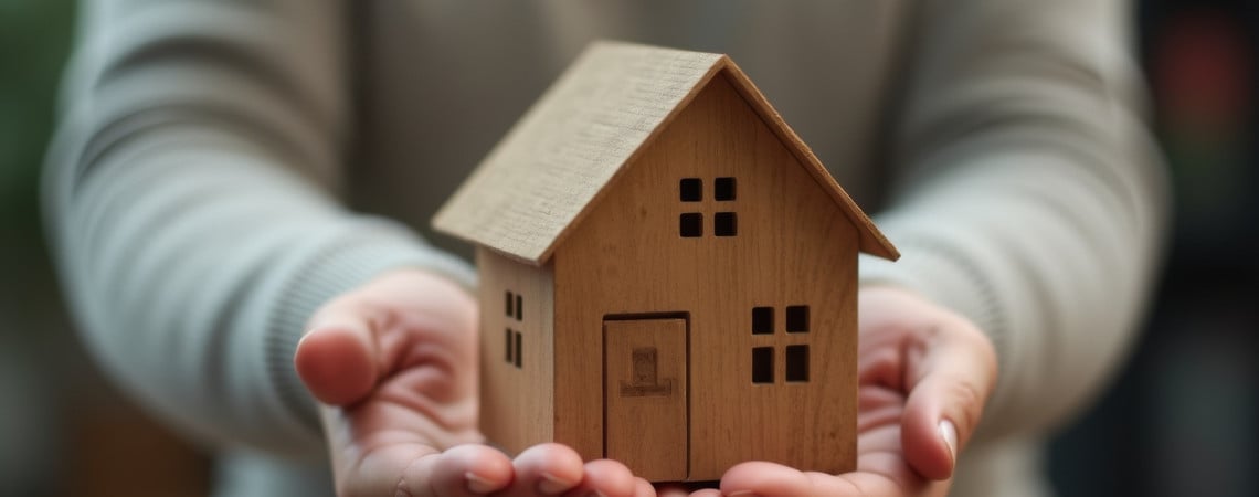 Hände einer älteren Person halten ein kleines Holzhaus hin. 