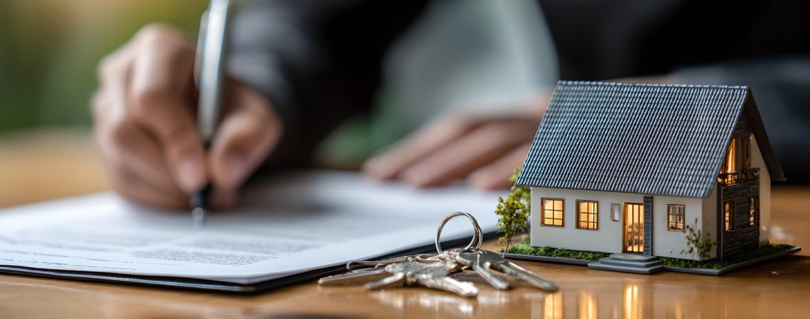 Modellhaus auf Schreibtisch mit Schlüsseln und Person, die ein Dokument unterschreibt. Symbolbild für Immobilienkauf.