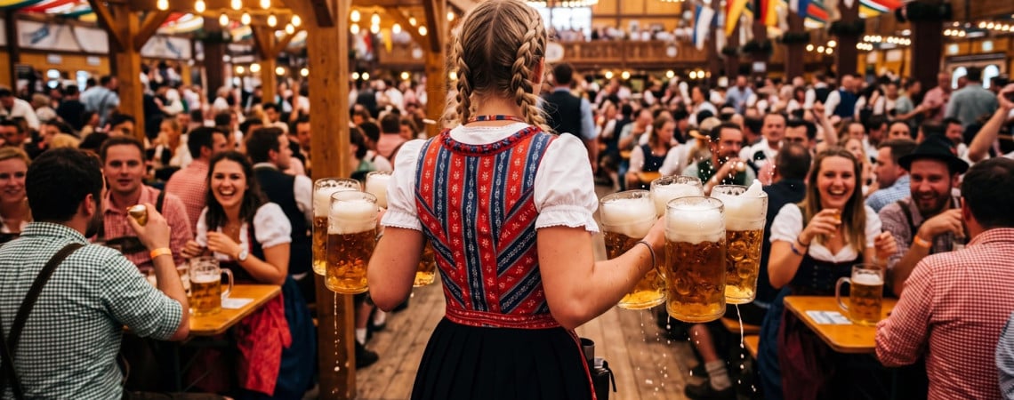 Frau im Dirndl mit Bierkrügen im vollem Zelt eines Oktoberfestes. 