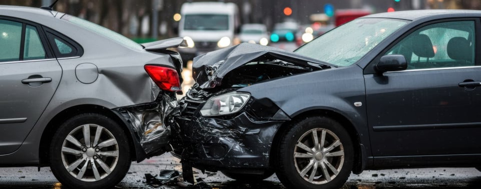 Auffahrunfall. Ein Auto ist einem anderen Auto aufgefahren. Die Motorhaube ist beschädigt und das Heck des anderen Fahrzeugs.
