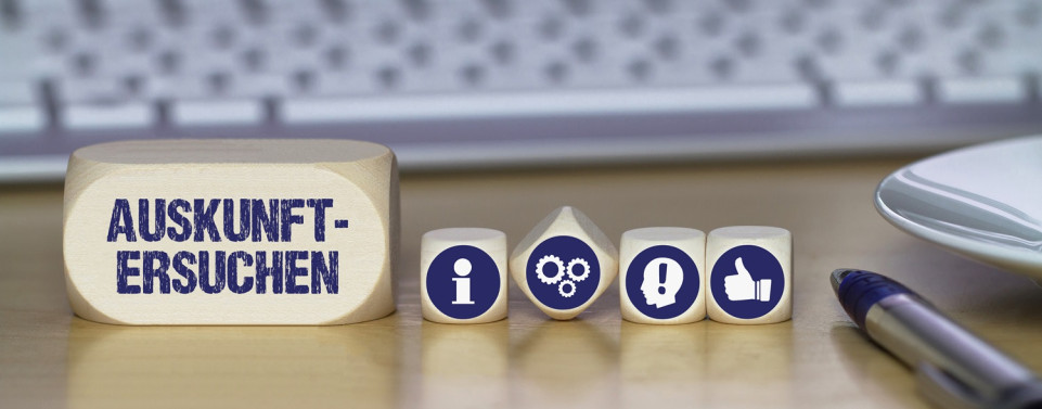 Links ist ein großer Würfel mit der Aufschrift "Auskunftsersuchen". Rechts daneben sind vier kleinere Würfel mit Symbolbildern für den Auskunftsanspruch aus der DSGVO - ein "i", Zahnräder, ein Kopf mit einem "!" und ein Daumen nach oben..