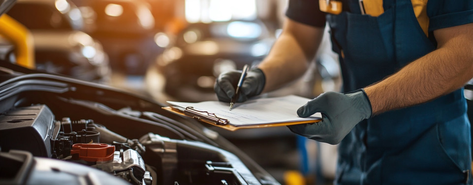 Symbolbild für Reparaturkosten. Mann mit Klemmbrett und Stift steht an einer offenen Motorhaube 