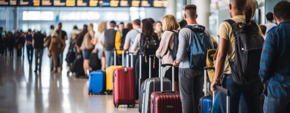 Menschen mit Gepäck stehen am Flughafen in einer Schlage.