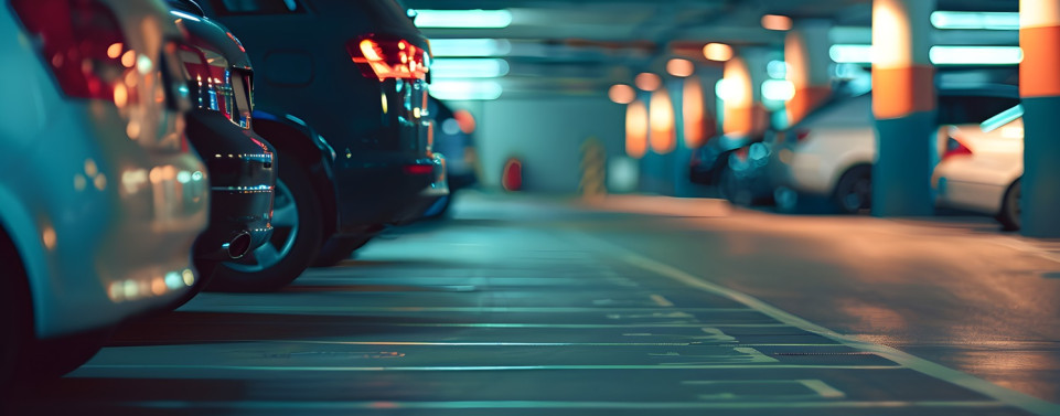 Tiefgarage mit Stellplätzen, auf denen Autos stehen. Tiefgaragenstellplatz. 