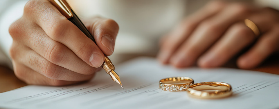 Männerhand unterschreibt Ehevertrag mit goldenen Füller. Auf dem Blatt liegen zwei goldene Ringe.