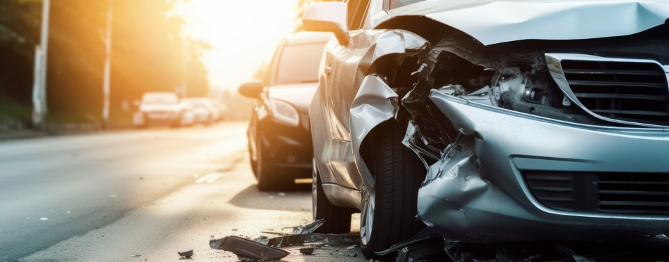 Silbernes Auto mit Unfallschaden auf der Straße