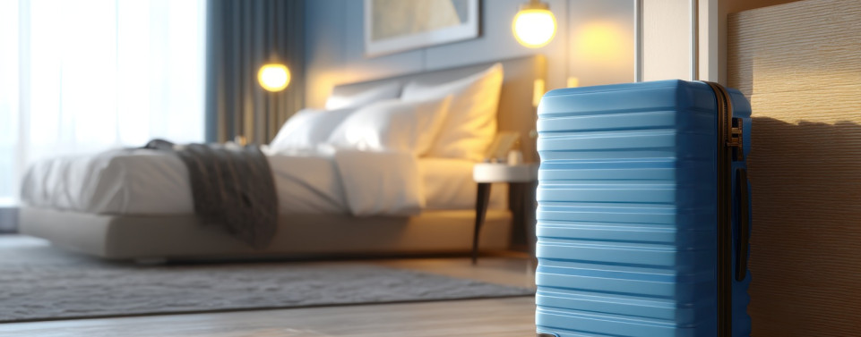 Hotelzimmer mit blauem Koffer