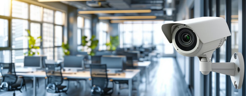 Videoüberwachung eines Büros. Eine Überwachungskamera an der Wand und im Hintergrund Bürotische und Stühle.