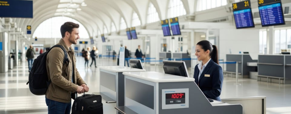 Mann am Check In am Flughafen
