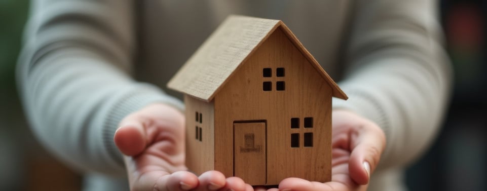 Hände einer älteren Person halten ein kleines Holzhaus hin. 