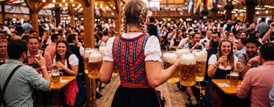 Frau im Dirndl mit Bierkrügen im vollem Zelt eines Oktoberfestes. 